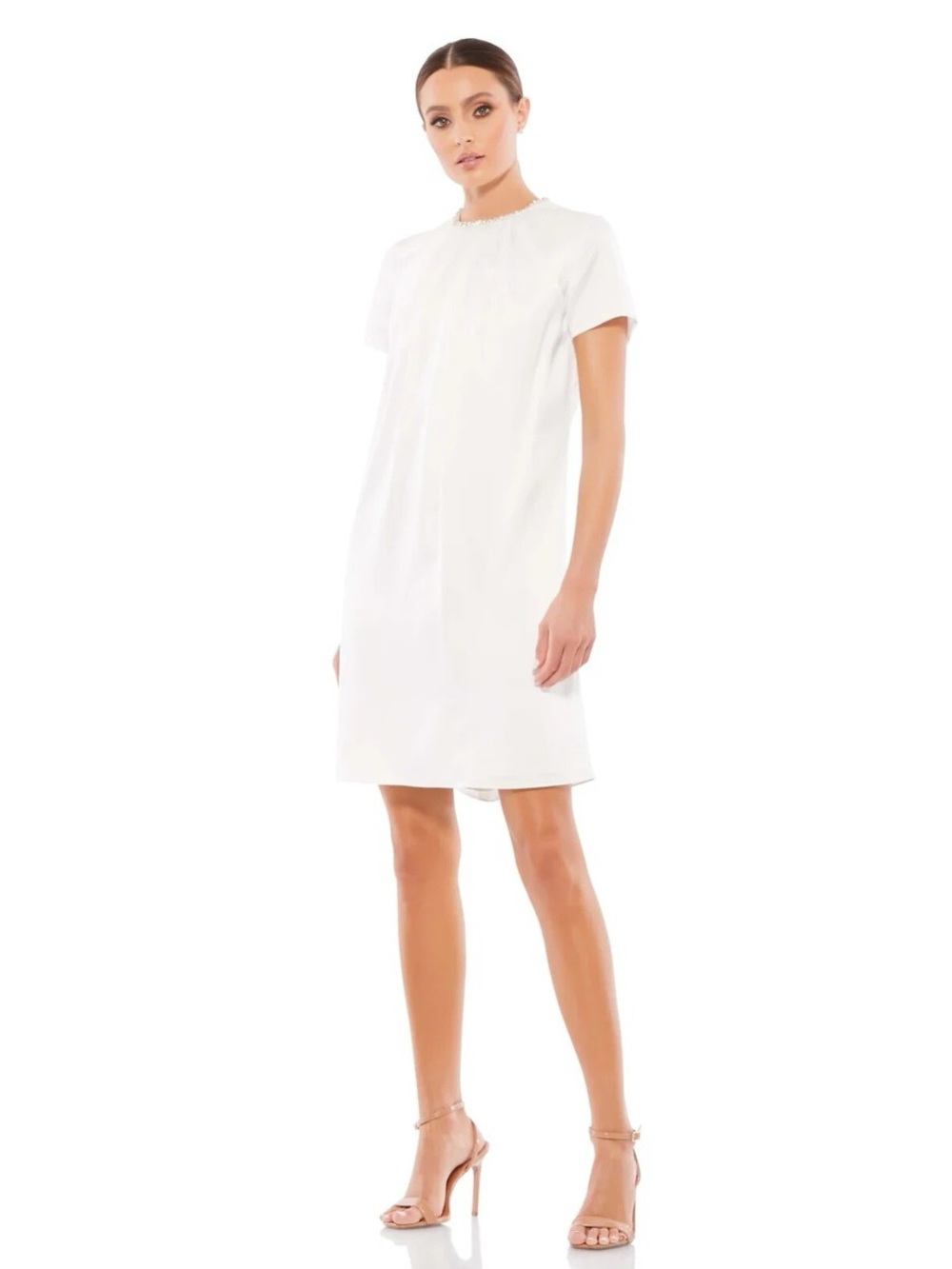 IEENA FOR MAC DUGGAL RHINESTONE EMBELLISHED NECKLINE SHIFT DRESS SIZE 2 WHITE